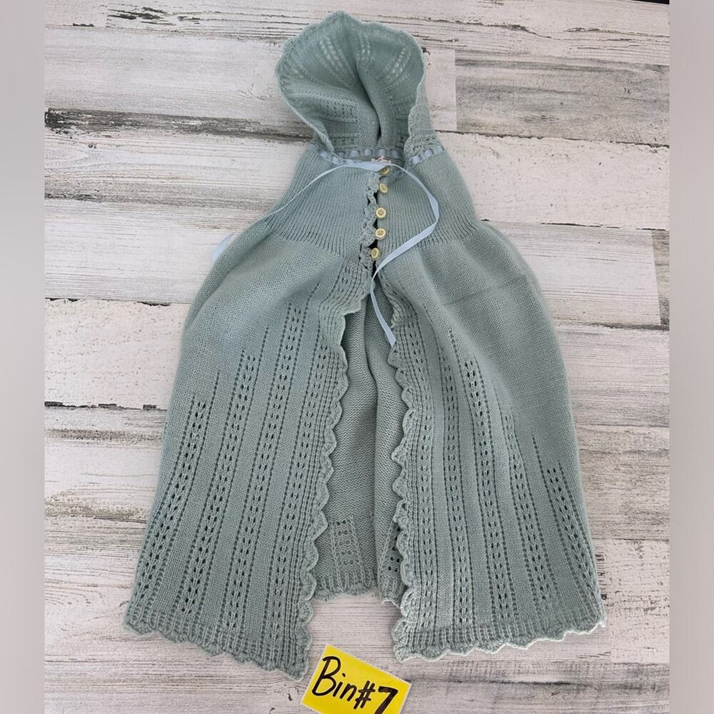 Vintage Hand Made in England Knit Baby Cover Dress Buttons Teal